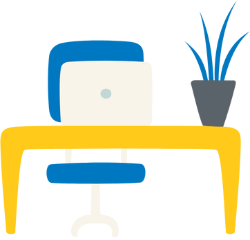 مكتب عمل ويظهر في الصورة كرسي ولابتوب وفازة زرع