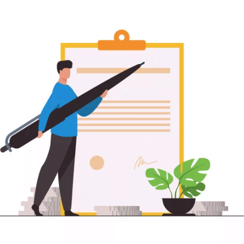 وثيقة عقد عمل ومدير يقف ممسكا بقلم ضخم