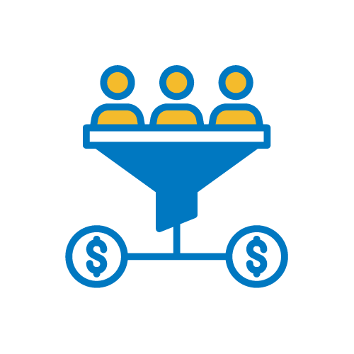 صورة لقمع في أعلاه العملاء وأسفل علامات دولار للتعبير عن طريقة حساب معدل تحويل العملاء