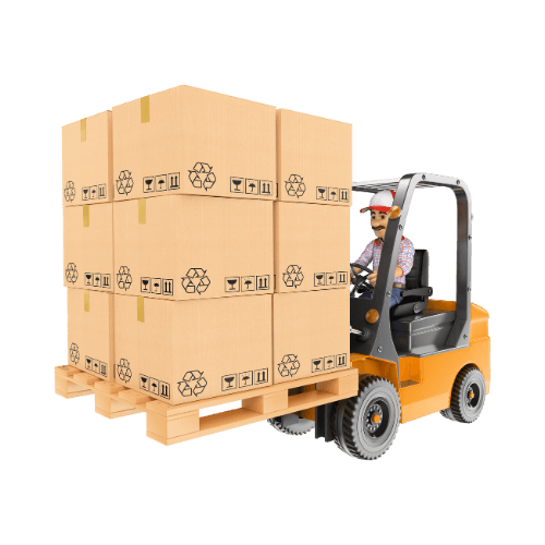 أمين مخزن يقوم بنقل البضائع باستخدام رافعة