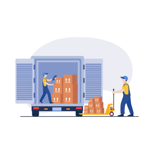 اثنان من موظفي المخازن يتعاونان في تفريغ شاحنة بضائع مفتوحة من الخلف. يقف أحد أمناء المستودع داخل العربة ويحمل الصناديق ليسلمها لزميله الواقف بالأسفل ممسكا بتروللي نقل البضائع إلى داخل المخزن.