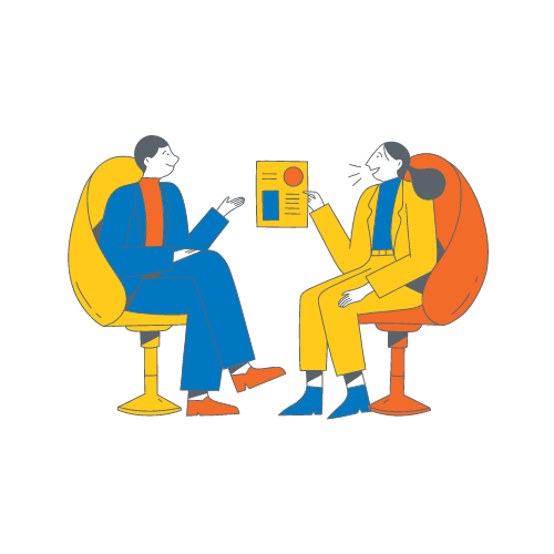 مناقشة بين صاحب شركة وباحثة عن عمل خلال معرض توظيف. تمسك الموظفة بوثيقة فيها سيرتها الذاتية