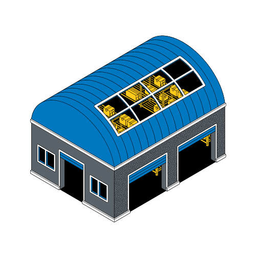 صورة لمستودع تخزين بضائع له 3 أبواب مفتوحة ونوافذ علوية تظهر منها البضائع على الأرفف