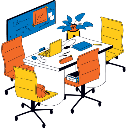 صورة لقاعة اجتماعات بشركة. في الصورة طاولة وسبورة و4 كراسي وعلى الطاولة دفاتر وأجهزة كمبيوتر.